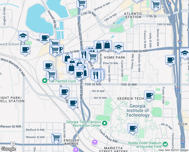 map of restaurants, bars, coffee shops, grocery stores, and more near 1033 Hemphill Avenue Northwest in Atlanta
