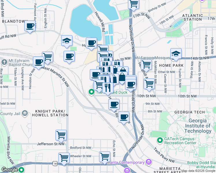 map of restaurants, bars, coffee shops, grocery stores, and more near 724 11th Street Northwest in Atlanta
