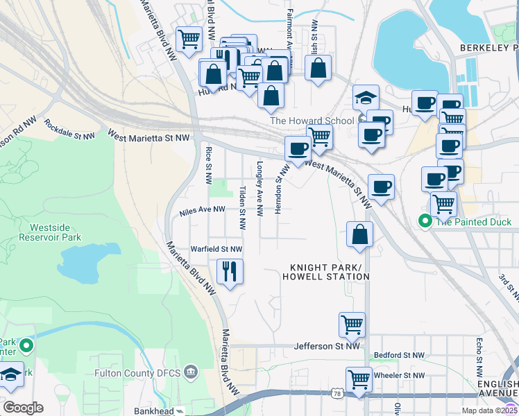 map of restaurants, bars, coffee shops, grocery stores, and more near 1017 Tilden Street Northwest in Atlanta