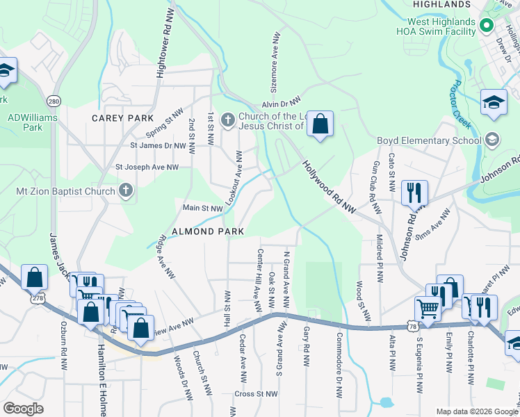 map of restaurants, bars, coffee shops, grocery stores, and more near 1043 Ada Avenue Northwest in Atlanta