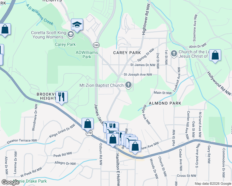 map of restaurants, bars, coffee shops, grocery stores, and more near 1161 Clark Street Northwest in Atlanta