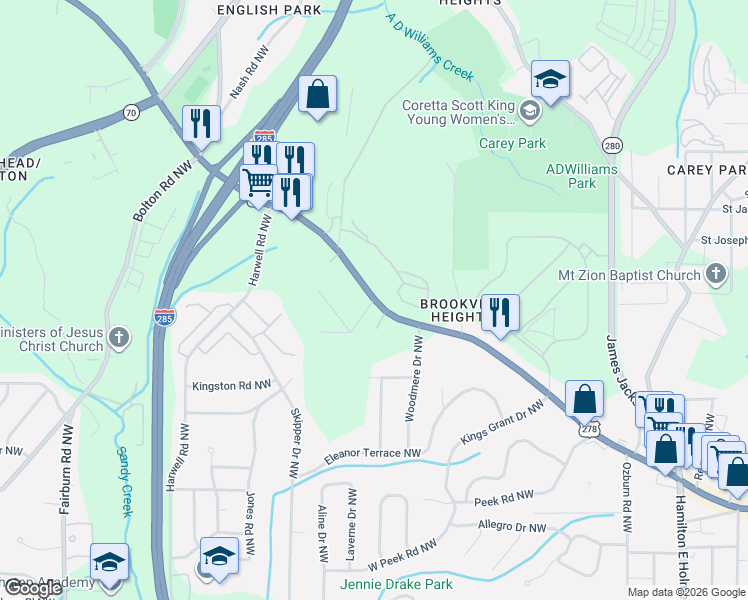 map of restaurants, bars, coffee shops, grocery stores, and more near 3024 Donald Lee Hollowell Parkway Northwest in Atlanta