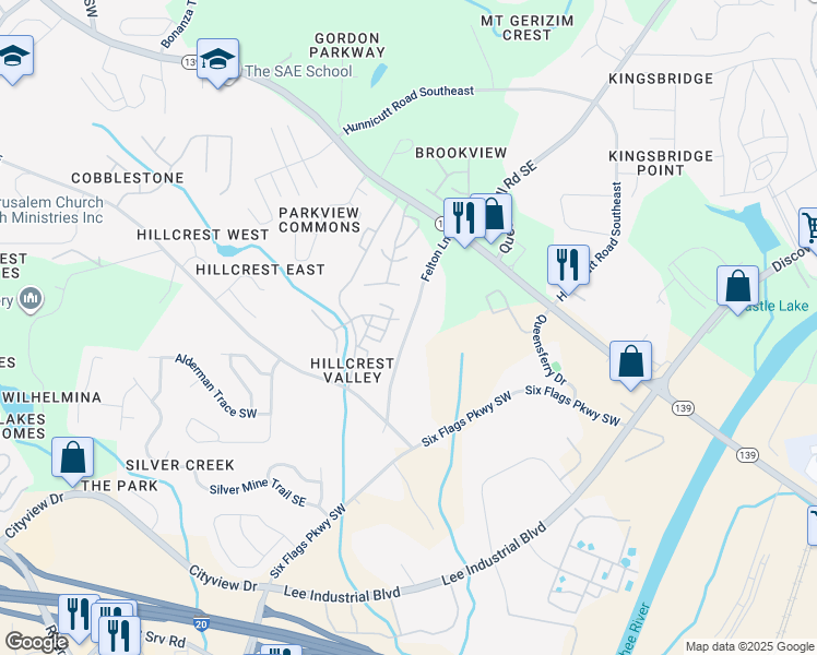 map of restaurants, bars, coffee shops, grocery stores, and more near 6992 Felton Lane in Mableton