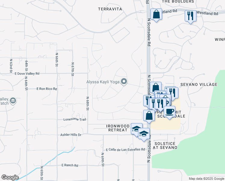 map of restaurants, bars, coffee shops, grocery stores, and more near 6915 East Bramble Berry Lane in Scottsdale