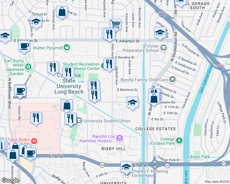 map of restaurants, bars, coffee shops, grocery stores, and more near 1251 Hackett Avenue in Long Beach