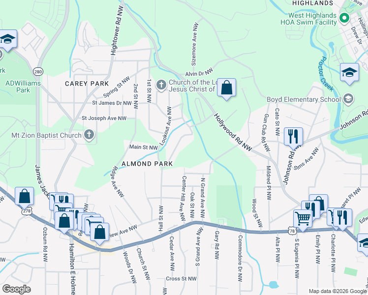 map of restaurants, bars, coffee shops, grocery stores, and more near 1043 Ada Avenue Northwest in Atlanta
