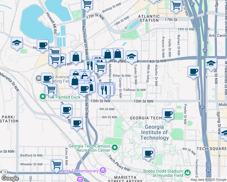 map of restaurants, bars, coffee shops, grocery stores, and more near 499 Calhoun Street Northwest in Atlanta