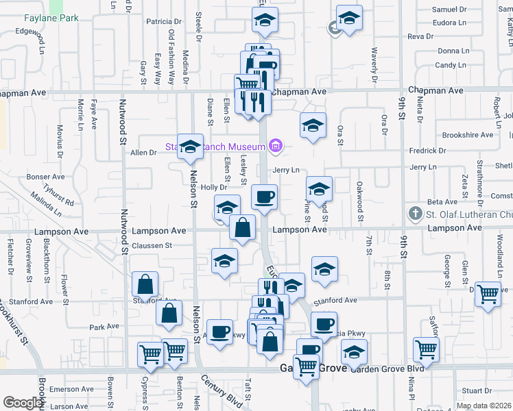 map of restaurants, bars, coffee shops, grocery stores, and more near 12391 Euclid Street in Garden Grove