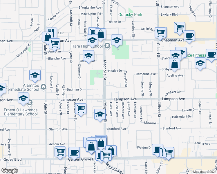 map of restaurants, bars, coffee shops, grocery stores, and more near 9022 Marlene Avenue in Garden Grove