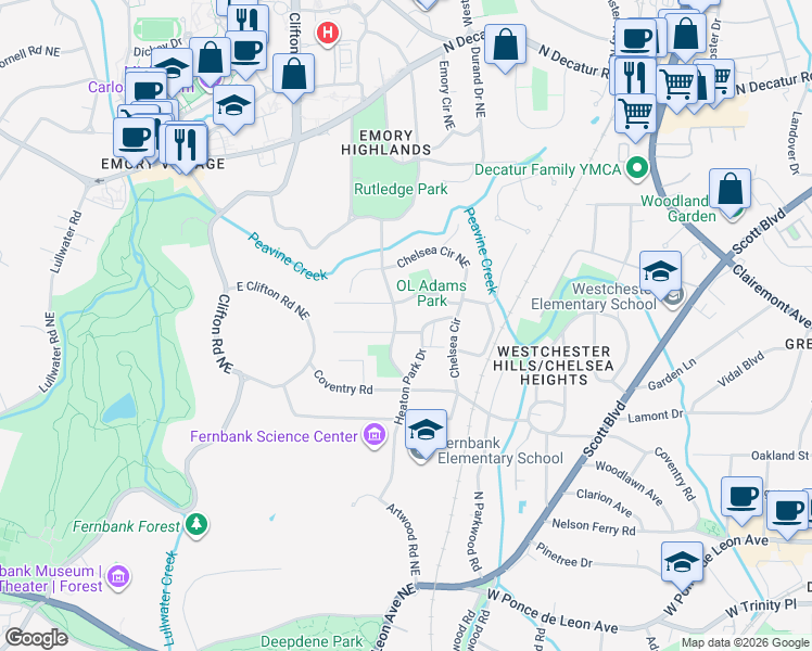 map of restaurants, bars, coffee shops, grocery stores, and more near 1782 Vickers Circle in Decatur