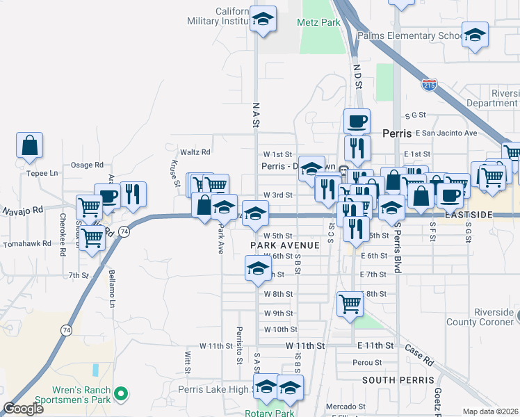 map of restaurants, bars, coffee shops, grocery stores, and more near 378 West 4th Street in Perris
