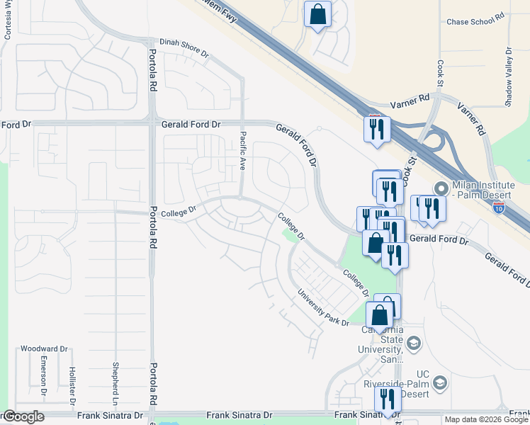 map of restaurants, bars, coffee shops, grocery stores, and more near 75306 Buckley Drive in Palm Desert