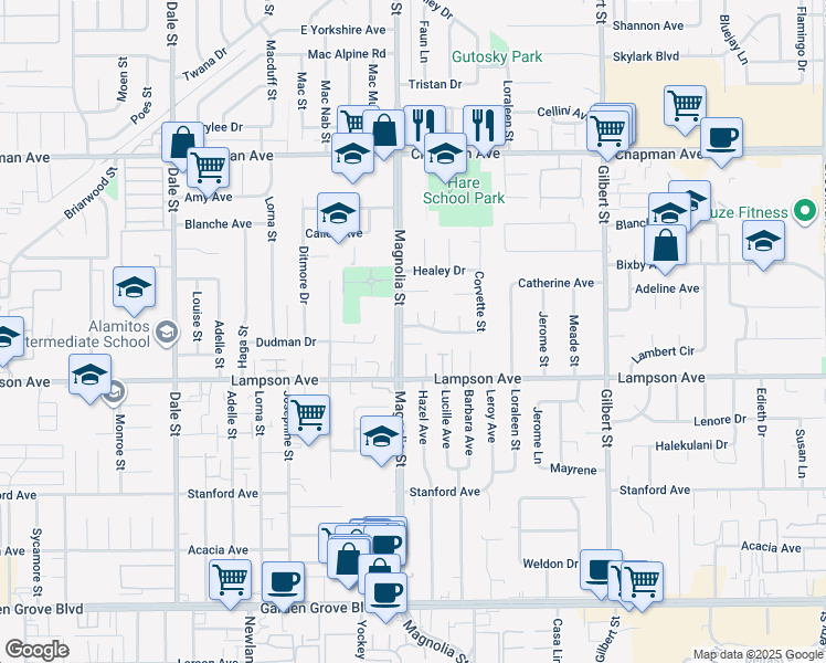 map of restaurants, bars, coffee shops, grocery stores, and more near 9022 Marlene Avenue in Garden Grove
