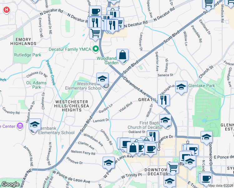 map of restaurants, bars, coffee shops, grocery stores, and more near 765 Scott Boulevard in Decatur