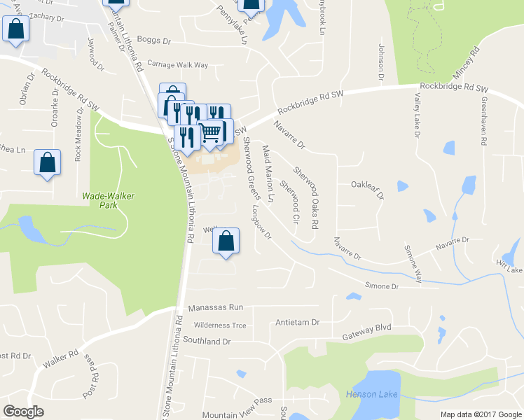 map of restaurants, bars, coffee shops, grocery stores, and more near 511 Sherwood Greens in Stone Mountain