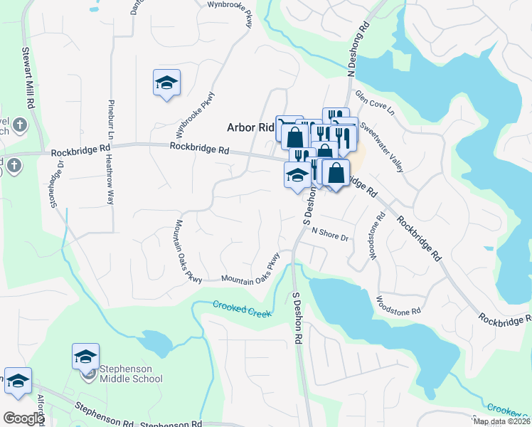 map of restaurants, bars, coffee shops, grocery stores, and more near 506 Fortune Ridge Road in Stone Mountain