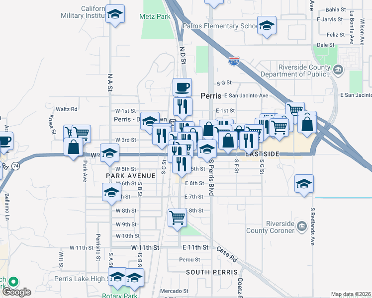 map of restaurants, bars, coffee shops, grocery stores, and more near in Perris