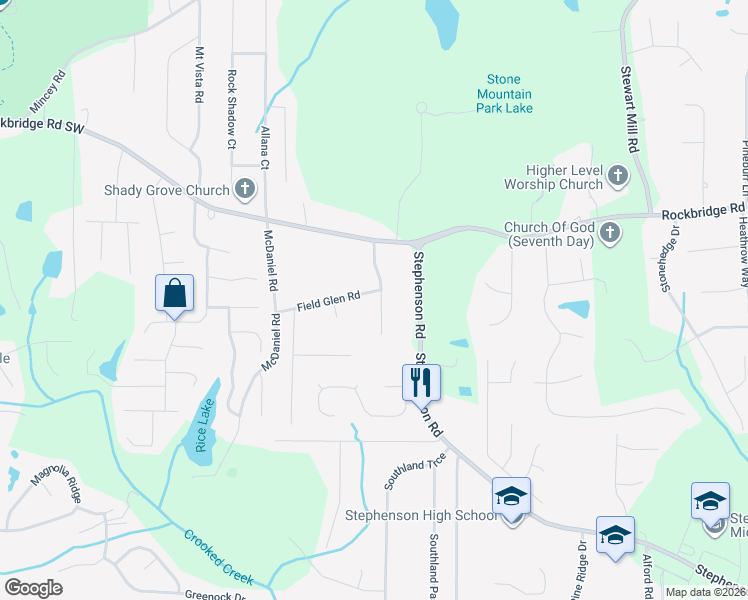 map of restaurants, bars, coffee shops, grocery stores, and more near 529 Edgefield Drive in Stone Mountain