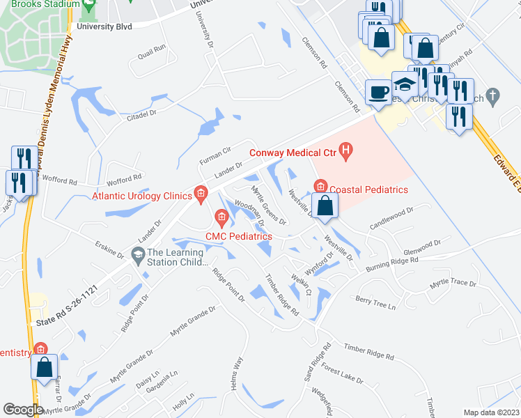 map of restaurants, bars, coffee shops, grocery stores, and more near 380 Myrtle Greens Drive in Conway