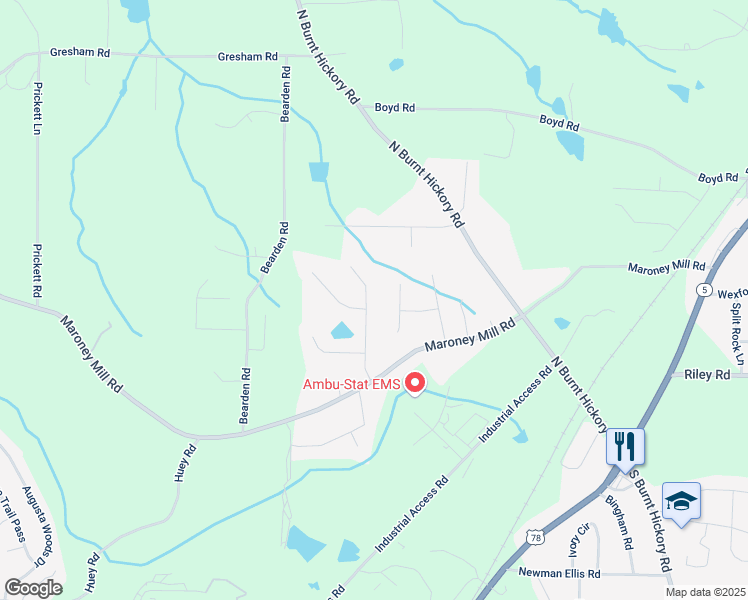 map of restaurants, bars, coffee shops, grocery stores, and more near 840 Terrace Mill Drive in Douglasville