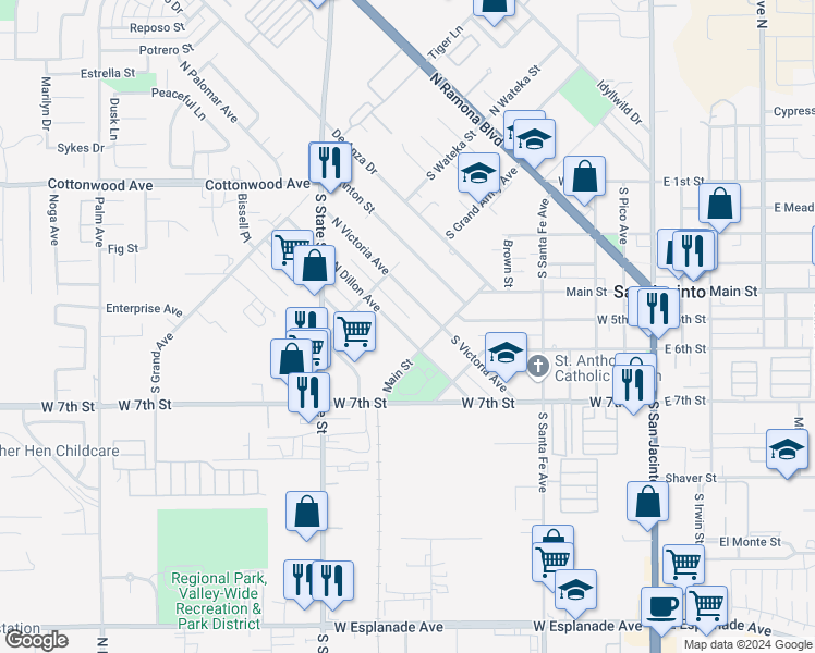 map of restaurants, bars, coffee shops, grocery stores, and more near 121 North Dillon Avenue in San Jacinto