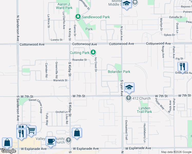 map of restaurants, bars, coffee shops, grocery stores, and more near 484 Ivy Crest Drive in San Jacinto