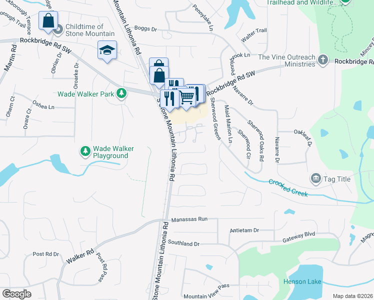 map of restaurants, bars, coffee shops, grocery stores, and more near 5598 Stonington Trace Parkway in Stone Mountain