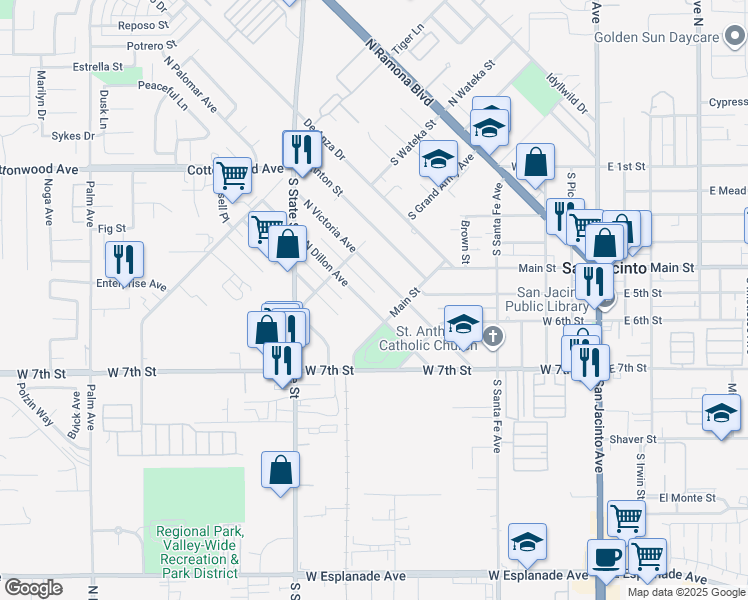map of restaurants, bars, coffee shops, grocery stores, and more near 121 North Dillon Avenue in San Jacinto