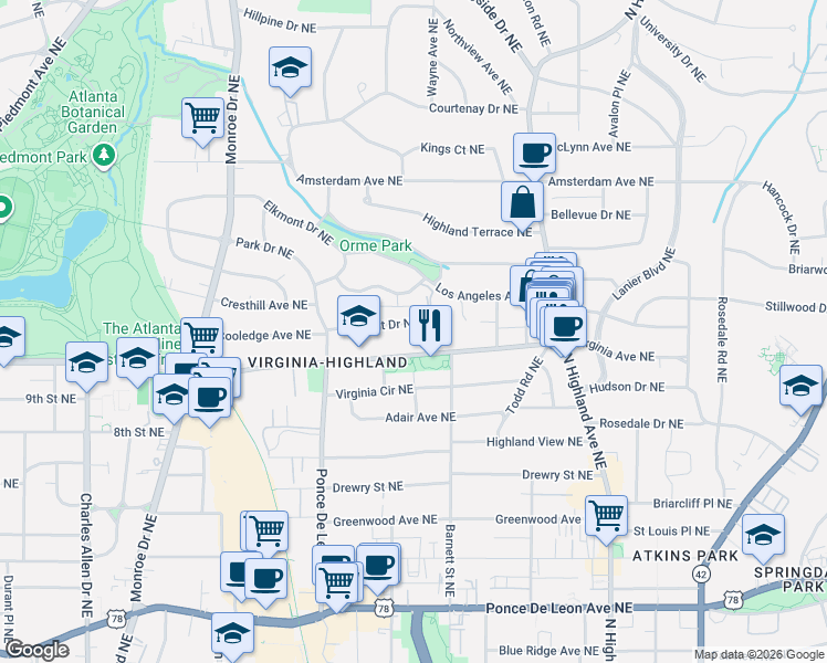 map of restaurants, bars, coffee shops, grocery stores, and more near 833 Clemont Drive Northeast in Atlanta
