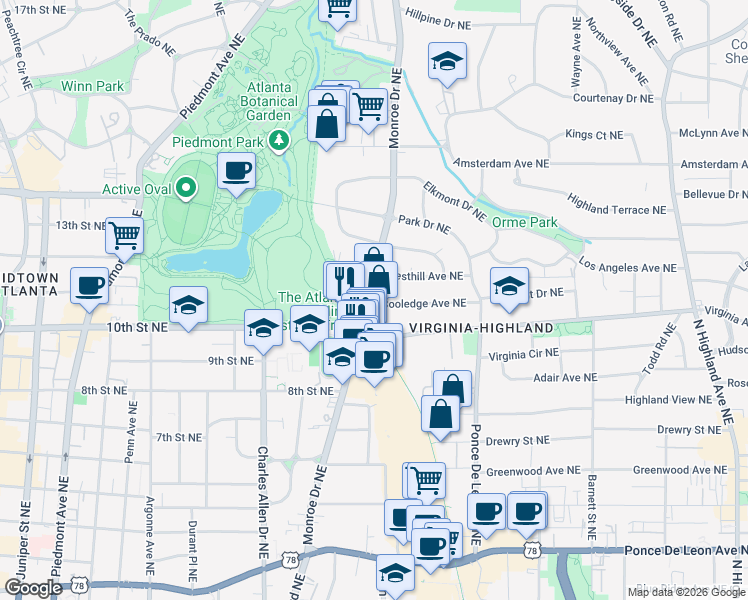 map of restaurants, bars, coffee shops, grocery stores, and more near 608 Cooledge Avenue Northeast in Atlanta