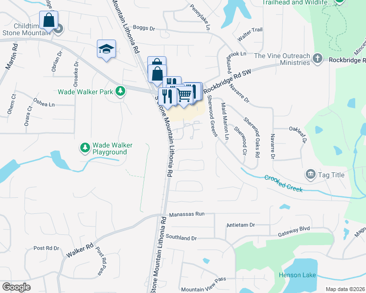map of restaurants, bars, coffee shops, grocery stores, and more near 5594 Stonington Trace Parkway in Stone Mountain