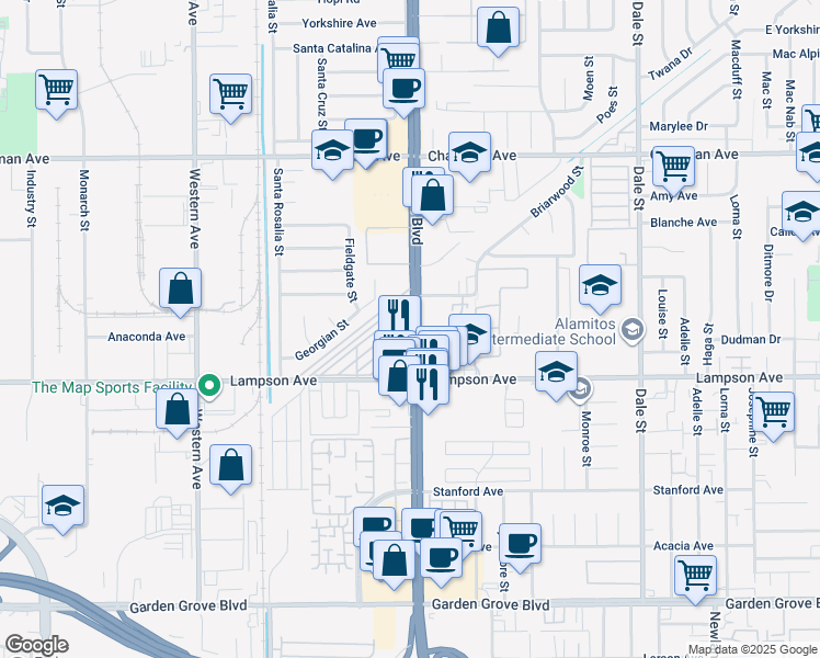 map of restaurants, bars, coffee shops, grocery stores, and more near 12345 Beach Boulevard in Garden Grove