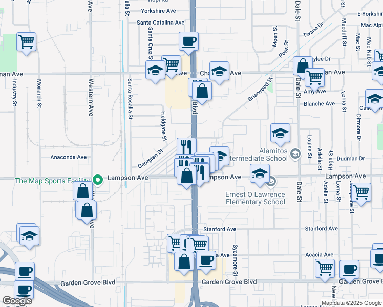 map of restaurants, bars, coffee shops, grocery stores, and more near 12345 Beach Boulevard in Garden Grove