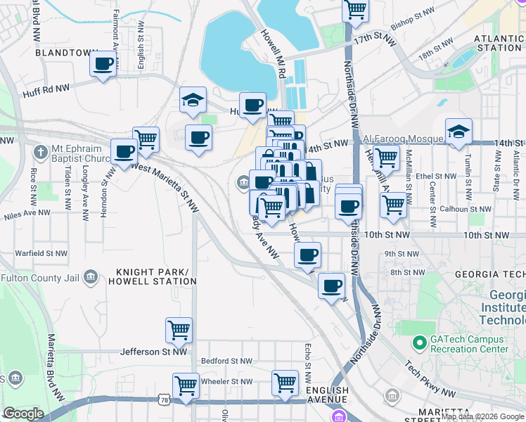 map of restaurants, bars, coffee shops, grocery stores, and more near 1055 Brady Avenue Northwest in Atlanta