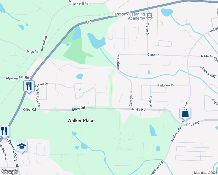 map of restaurants, bars, coffee shops, grocery stores, and more near 852 Woodside Drive in Douglasville