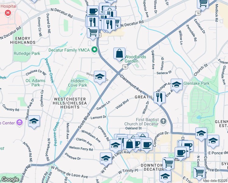 map of restaurants, bars, coffee shops, grocery stores, and more near 12 Westchester Square in Decatur