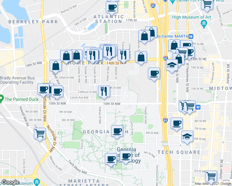 map of restaurants, bars, coffee shops, grocery stores, and more near 1020 Atlantic Dr NW in Atlanta