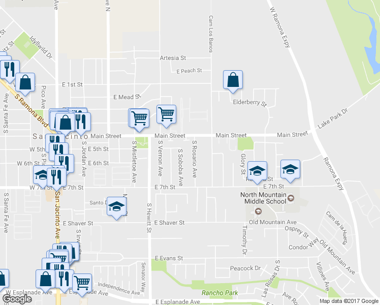 map of restaurants, bars, coffee shops, grocery stores, and more near 502 South Rosario Avenue in San Jacinto