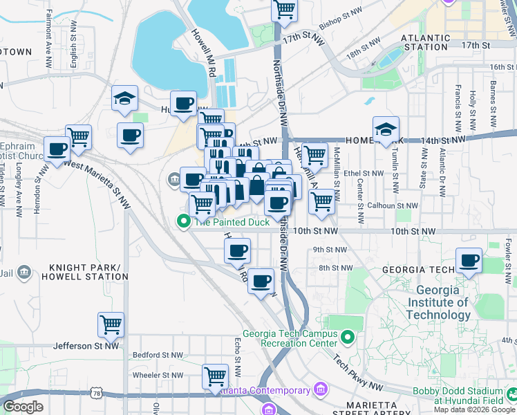 map of restaurants, bars, coffee shops, grocery stores, and more near 660 11th Street Northwest in Atlanta