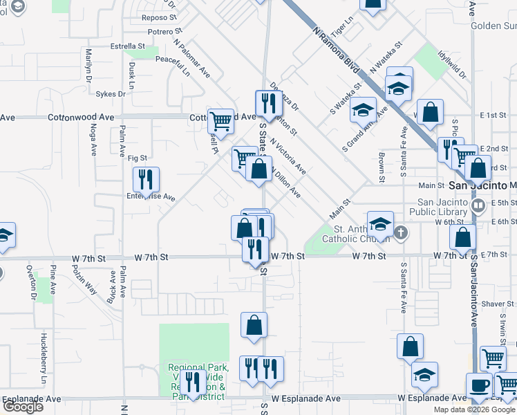 map of restaurants, bars, coffee shops, grocery stores, and more near 438 South State Street in San Jacinto