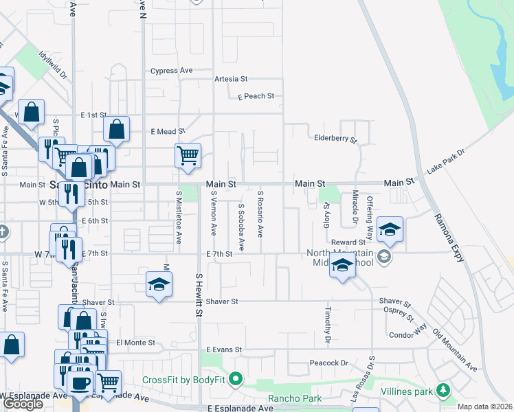 map of restaurants, bars, coffee shops, grocery stores, and more near 502 South Rosario Avenue in San Jacinto