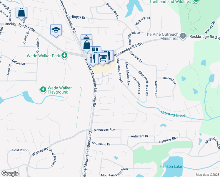 map of restaurants, bars, coffee shops, grocery stores, and more near 5630 Stonington Trace Parkway in Stone Mountain