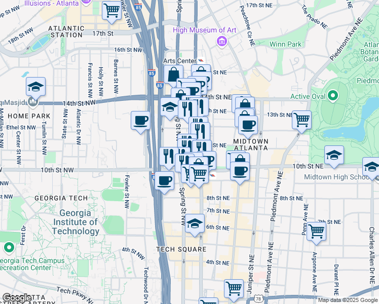 map of restaurants, bars, coffee shops, grocery stores, and more near 1032 West Peachtree Street Northwest in Atlanta