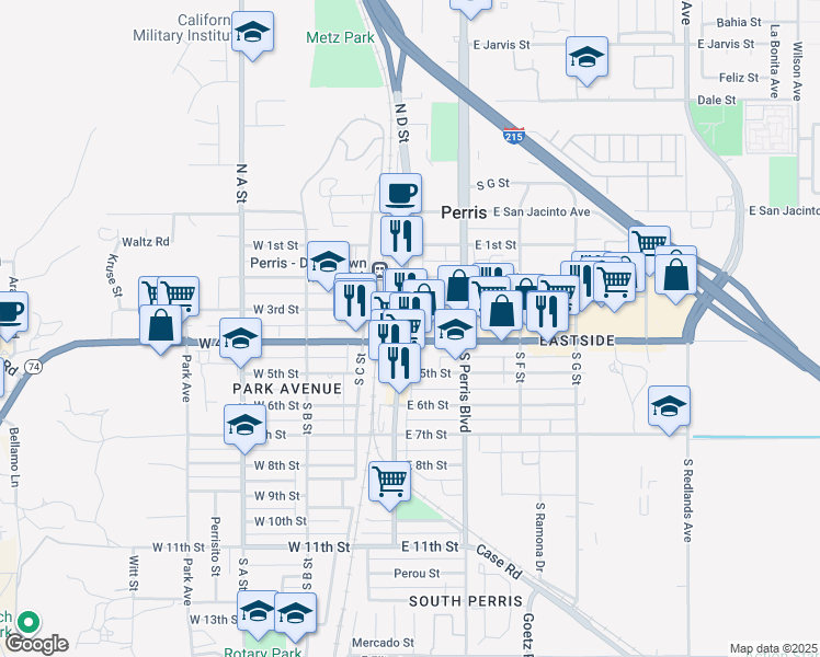 map of restaurants, bars, coffee shops, grocery stores, and more near 2 South D Street in Perris