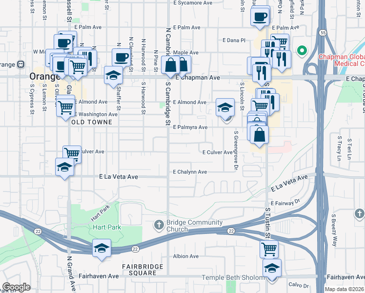 map of restaurants, bars, coffee shops, grocery stores, and more near 1016 East Van Bibber Avenue in Orange
