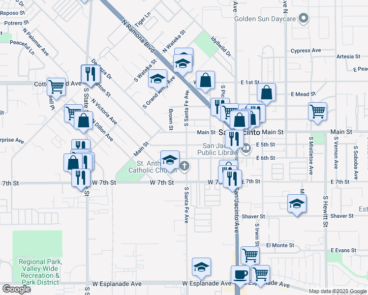 map of restaurants, bars, coffee shops, grocery stores, and more near 406 West 5th Street in San Jacinto