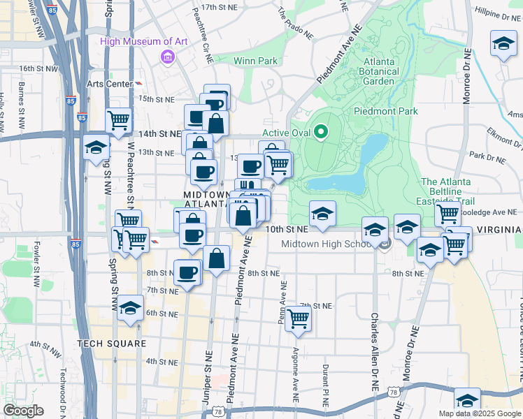 map of restaurants, bars, coffee shops, grocery stores, and more near 1029 Piedmont Avenue Northeast in Atlanta
