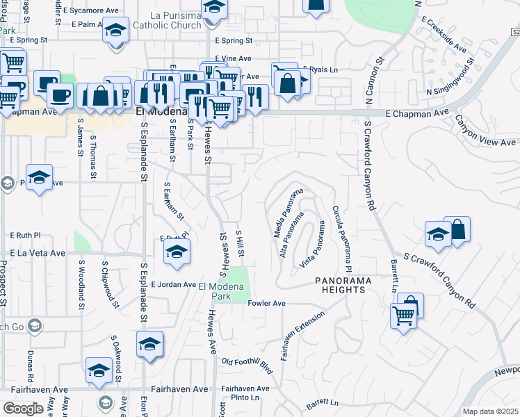 map of restaurants, bars, coffee shops, grocery stores, and more near 12298 Circula Panorama Place in Santa Ana