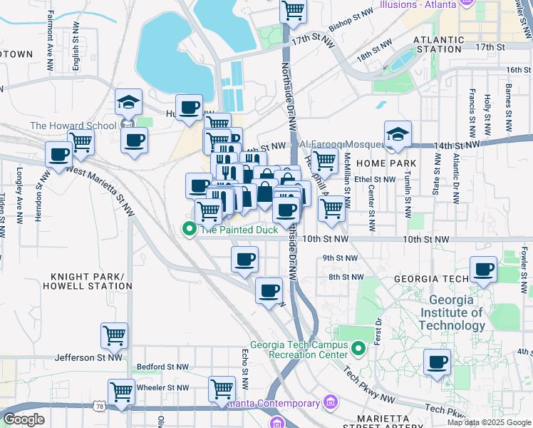 map of restaurants, bars, coffee shops, grocery stores, and more near 674 Bellingrath Avenue Northwest in Atlanta