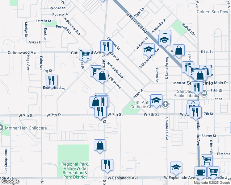 map of restaurants, bars, coffee shops, grocery stores, and more near 143 North Scovell Avenue in San Jacinto